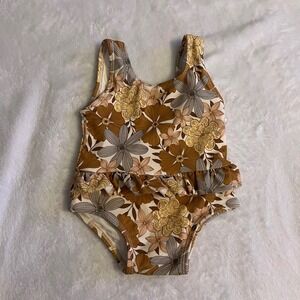 Rylee + Cru 3-6 months Baby Girl Floral Ruffle One Piece Swimsuit Brown Mustard